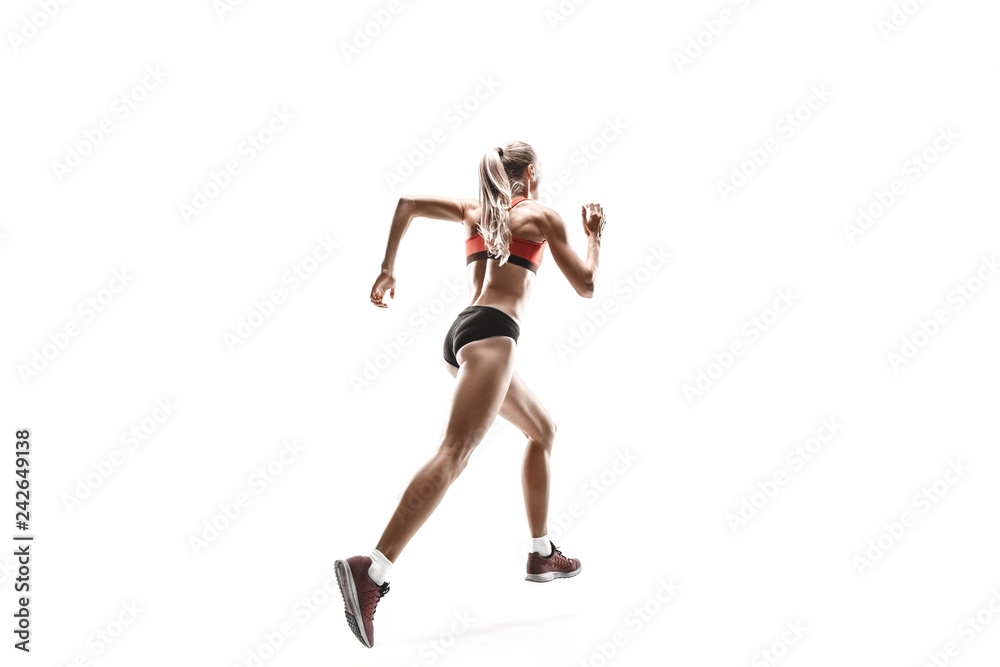 The one caucasian female silhouette of runner running and jumping on white studio background. The sprinter, jogger, exercise, workout, fitness, training, jogging concept. The one caucasian female silhouette of runner running and jumping on white studio background. The sprinter, jogger, exercise, workout, fitness, training, jogging concept.