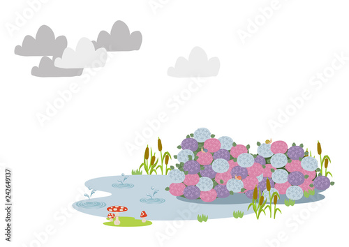  池に降る雨。 梅雨のイラスト。 水際の生物。 雨が降っている風景。 自然の景観。 梅雨の風景のイメージ。