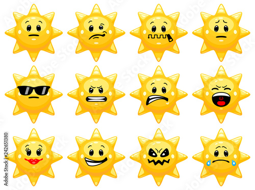 Vector set of sun emoticons. Collection of sun characters with different emotions in cartoon style on white background