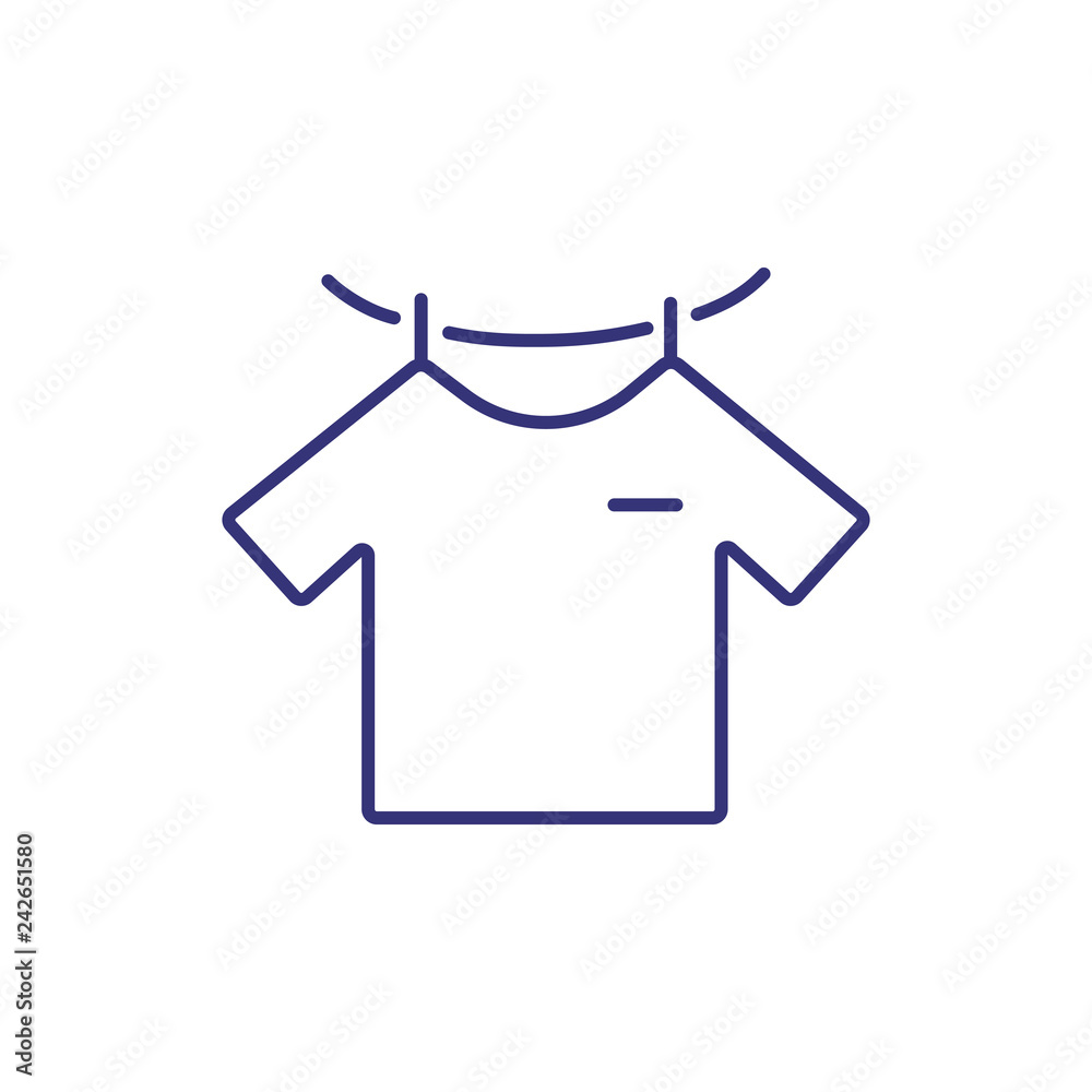 Drying line icon. String, clothespin, hanging t-shirt. Laundry concept. Can be used for topics like warning sign, garment care, laundering Drying line icon. String, clothespin, hanging t-shirt. Laundry concept. Can be used for topics like warning sign, garment care, laundering