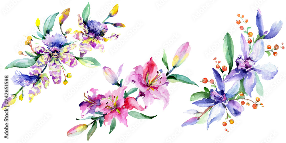 Pink and purple orchid flower. Watercolour drawing fashion aquarelle isolated. Isolated bouquet illustration element.