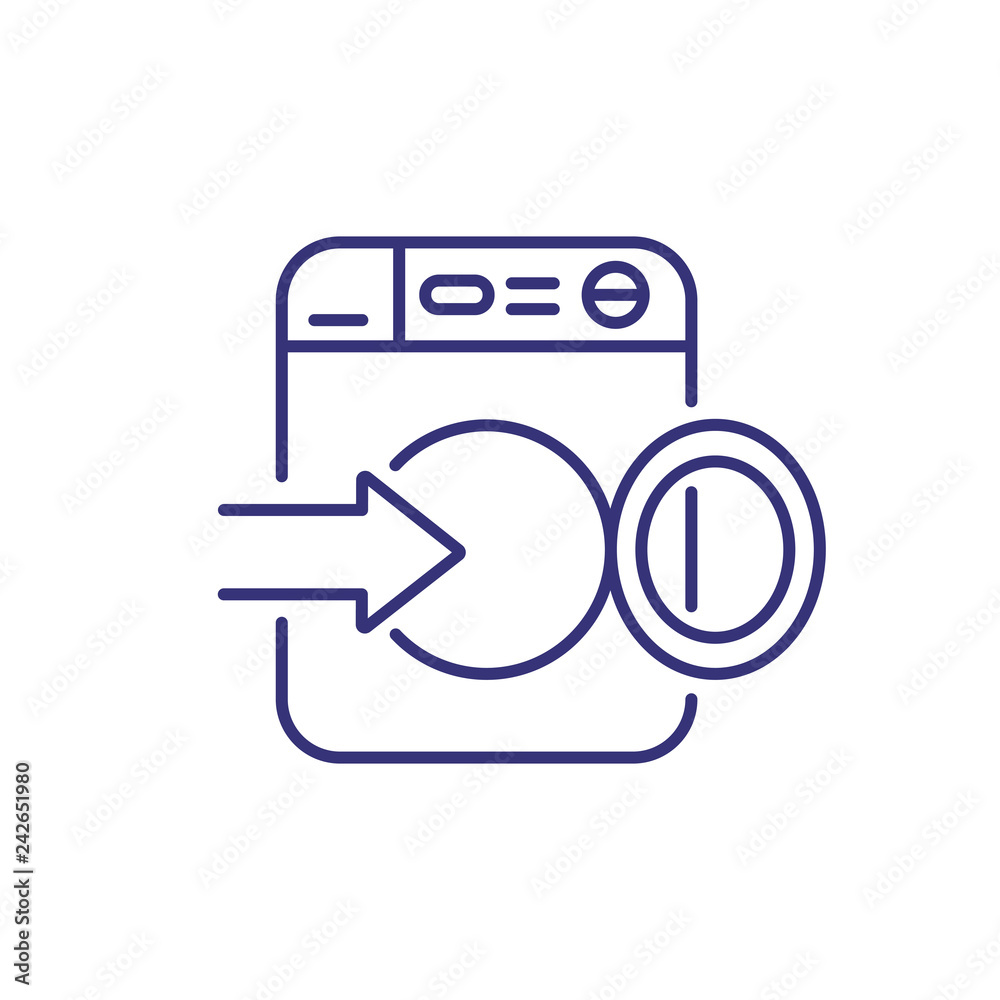 Loading laundry line icon. Washing machine, open, arrow. Laundry concept. Can be used for topics like laundromat, guide, instruction Loading laundry line icon. Washing machine, open, arrow. Laundry concept. Can be used for topics like laundromat, guide, instruction