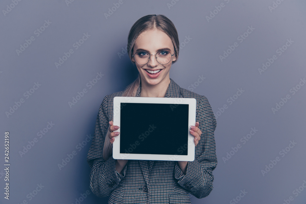 Close up photo of attractive she her lady girl with e-reader e-b