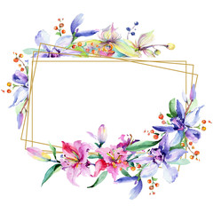 Pink and purple orchid flower. Watercolour drawing fashion aquarelle isolated. Frame border ornament square.