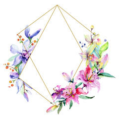 Pink and purple orchid flower. Watercolour drawing fashion aquarelle isolated. Frame border ornament square.