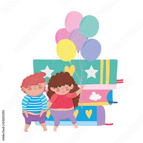 little chubby couple with balloons helium and books