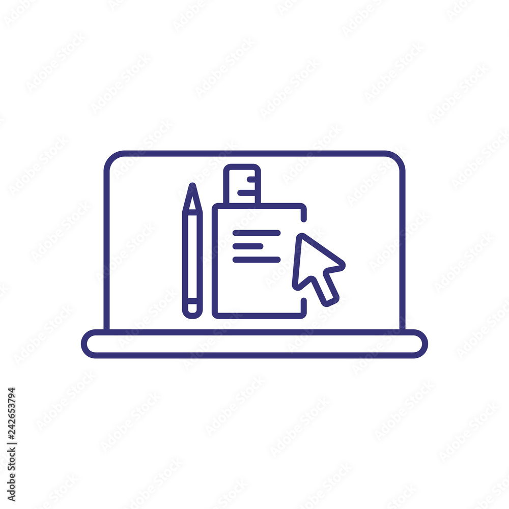 Learning on laptop line icon. Book, pen, cursor, computer screen. Online education concept. Vector illustration can be used for topics like progress, modern world, education system Learning on laptop line icon. Book, pen, cursor, computer screen. Online education concept. Vector illustration can be used for topics like progress, modern world, education system