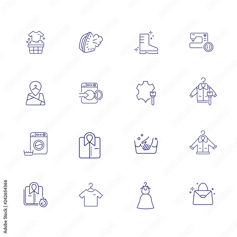 Garment care line icon set. Overcoat, boot, clothes, leather. Guide concept. Can be used for topics like warning, hand washing, dry cleaning Garment care line icon set. Overcoat, boot, clothes, leather. Guide concept. Can be used for topics like warning, hand washing, dry cleaning
