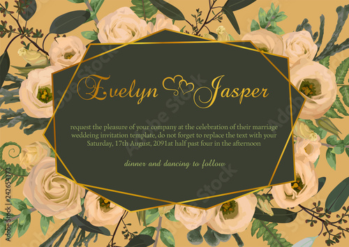 Vector polygonal gold frame with leaves of a forest fern, boxwood, brunia eucalyptus branches and flowers eustoma cream. on a orange background. Wedding invitations