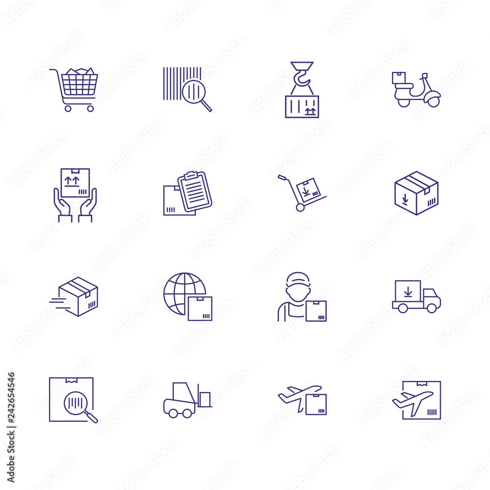 Order delivery line icon set. Barcode, loading, courier, airplane. Transportation concept. Can be used for topics like shipping, logistics, online store, ecommerce Order delivery line icon set. Barcode, loading, courier, airplane. Transportation concept. Can be used for topics like shipping, logistics, online store, ecommerce