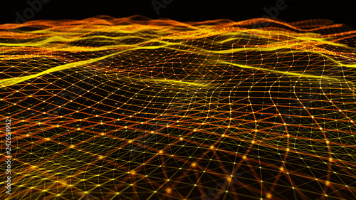 Abstract digital background with cybernetic particles. Plexus geometric effect Big data with compounds. Musical wave of particles. Low poly mesh. Flow. Wave. 3D rendering.