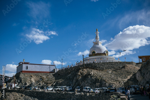 Shanti Stupa is a Buddhist white-domed stupa on a hilltop in Chanspa. photo