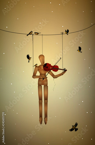 first snow melody, marionette hanging on the tree branch and playing violine for tit birds,
