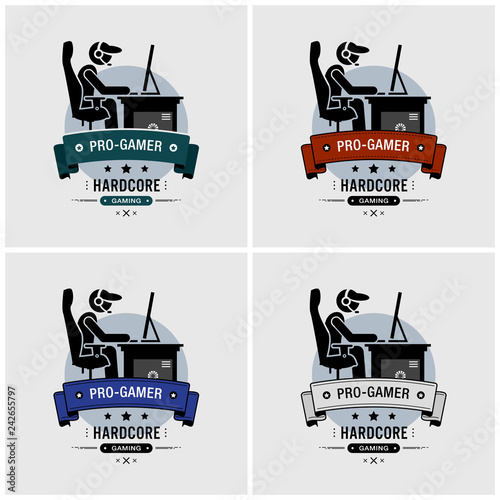Pro gamer esports logo design. Vector artwork of a professional hardcore gamer playing computer games on a PC computer. He is sitting on a gaming chair and wearing a headset.