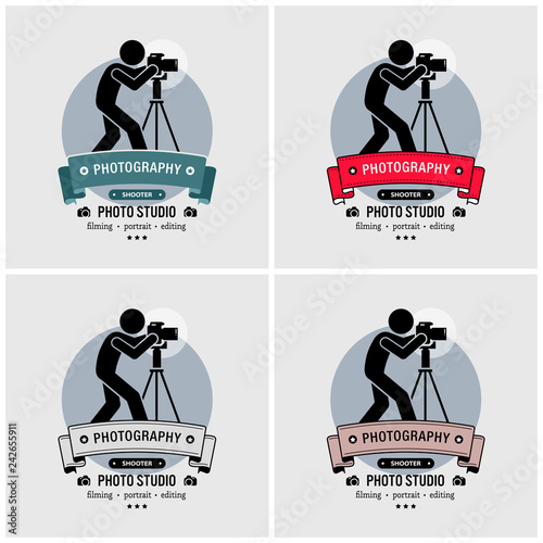 Photographer photography studio logo design. Vector artwork of a professional cameraman taking photo with a DSLR and tripod stand inside a studio.