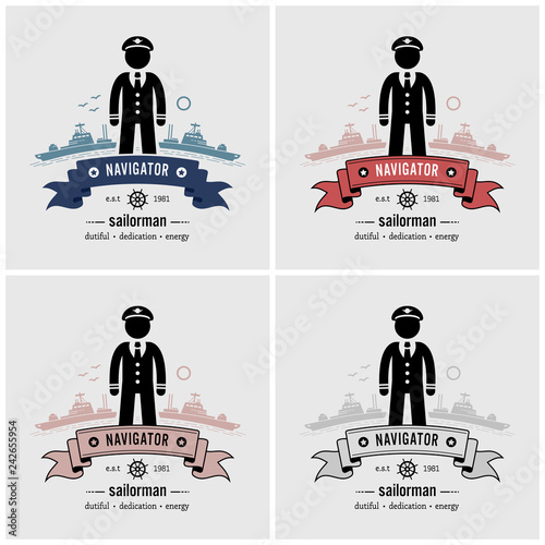 Captain or sailor logo design. Vector artwork of a ship captain standing in front of ships and the sea.