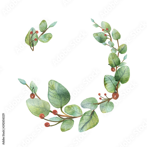 Watercolor round wreath with silver dollar eucalyptus.