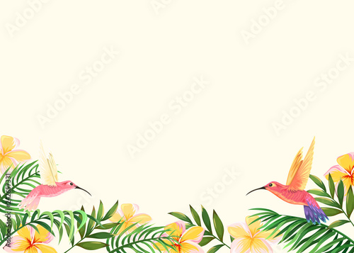 background with tropical flowers, palm leaves and hummingbirds