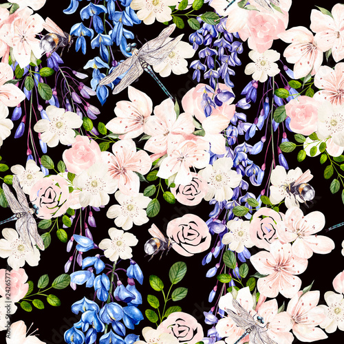 Beautiful watercolor pattern with wisteria and spring flowers.