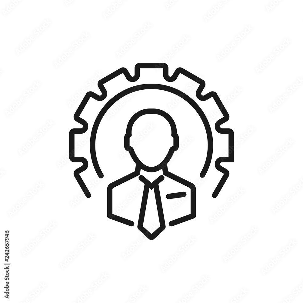 Businessman person with gear outline icon. linear style sign for mobile concept and web design. User settings simple line vector icon. Profile Avatar with cogwheel symbol, logo illustration Businessman person with gear outline icon. linear style sign for mobile concept and web design. User settings simple line vector icon. Profile Avatar with cogwheel symbol, logo illustration