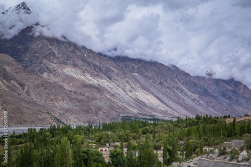 Panamik offers great stunning views of snow capped mountains and lush green valley in Jammu and Kashmir, India.