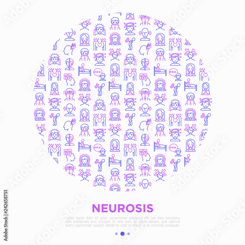 Neurosis concept in circle with thin line icon: panic attack, headache, fatigue, insomnia, phobia, mood instability, stuttering, psychalgia, dizziness. Vector illustration, print media template. photo