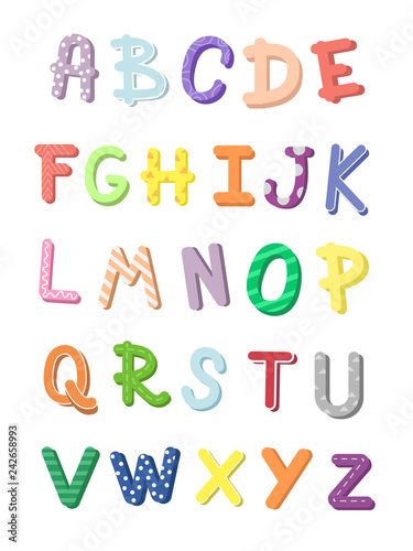 Poster english alphabet kids learning. Colorful isolated font on white background. Letters from A to Z.