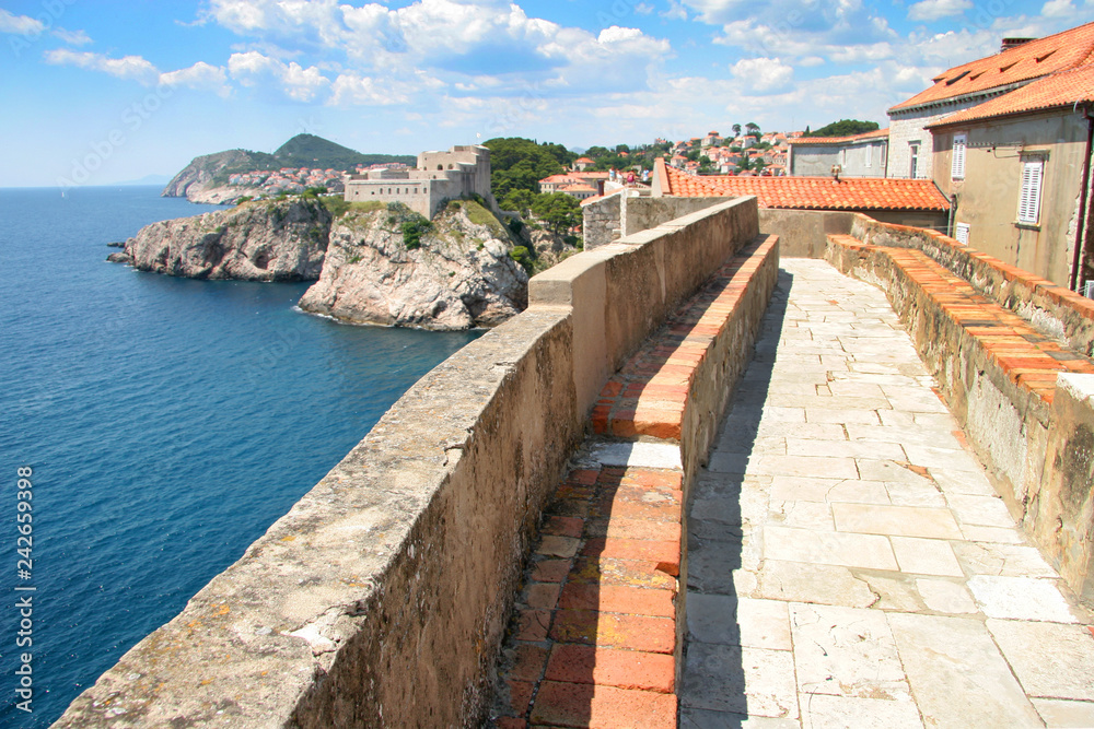 Footpath around the fortified walls of the old town of Dubrovnik, Croatia.