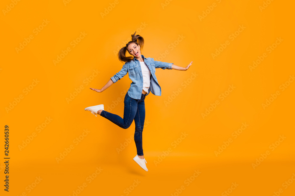 Full length body size view of nice crazy lovely careless carefre Full length body size view of nice crazy lovely careless carefre