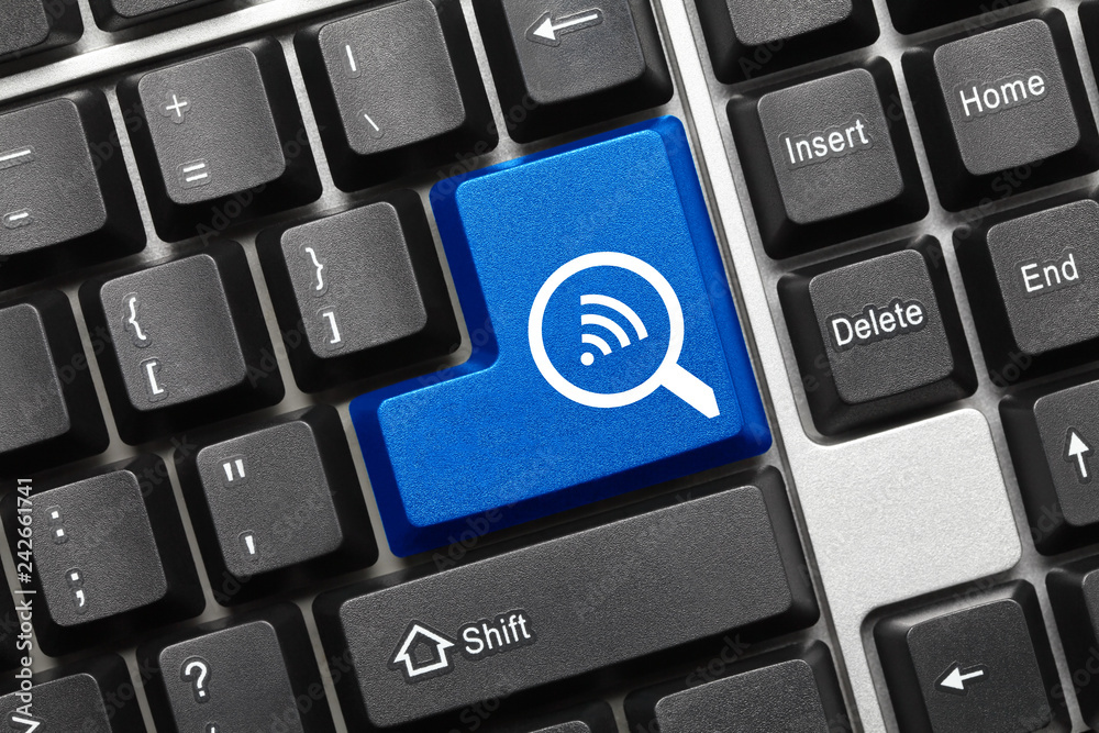 Conceptual keyboard - Search (blue key with loupe and wi-fi symbols) Conceptual keyboard - Search (blue key with loupe and wi-fi symbols)