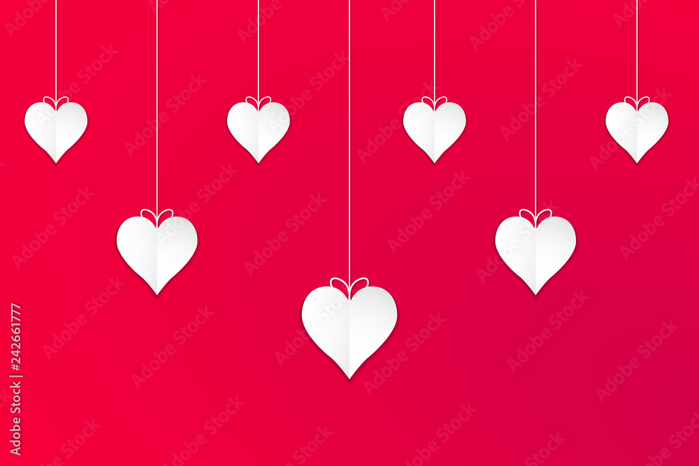 Hanging white valentines hearts with red background, vector, illustration, eps file Hanging white valentines hearts with red background, vector, illustration, eps file