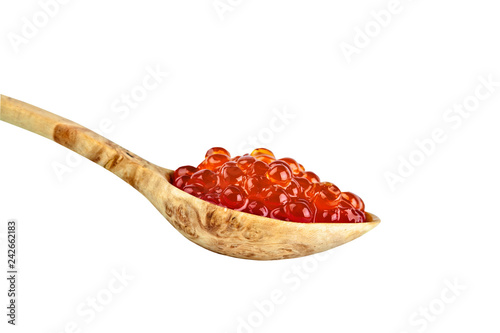 Red caviar in a wooden spoon. Isolated object on white background. Close up. Close up.