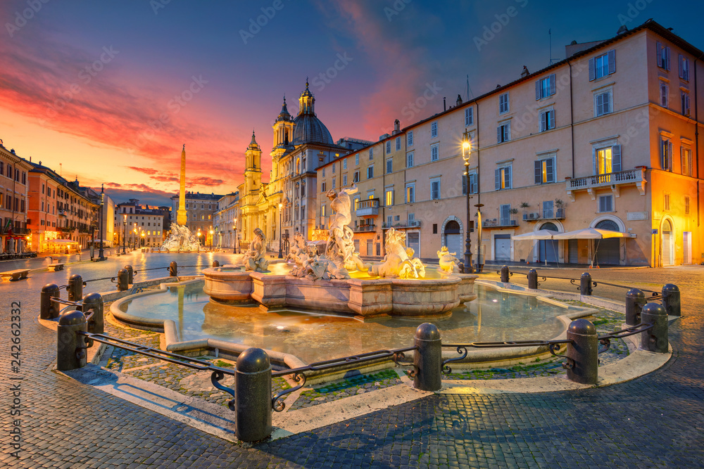 Rome. Cityscape image of Navona Square, Rome with Fountain of Neptune during beautiful sunrise.