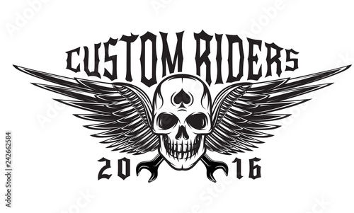 Vector monochrome illustration on a motorcycle theme with skull and wings