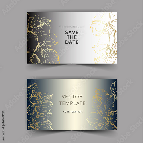 Vectoro Orchid flower. Engraved ink art. Wedding background border. Thank you, rsvp, invitation elegant illustration.