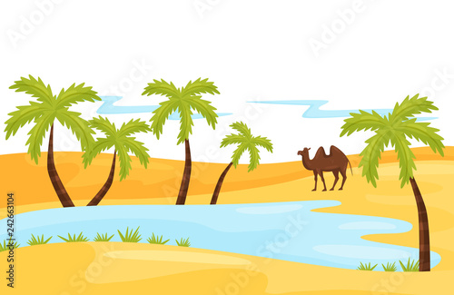 Sandy landscape with blue lake, brown camel and palm tree. Oasis in the desert. Natural scenery. Flat vector design