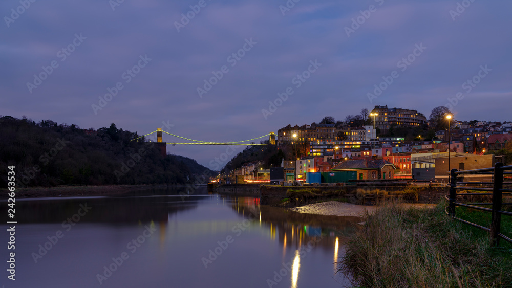 Night view of Clifton Suspension Bridge and Avon Gorge from near the Cumberland Basin, Bristol, UK