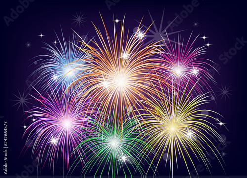 Bright colorful fireworks in the night sky. Holiday  fun. Vector illustration for your design.