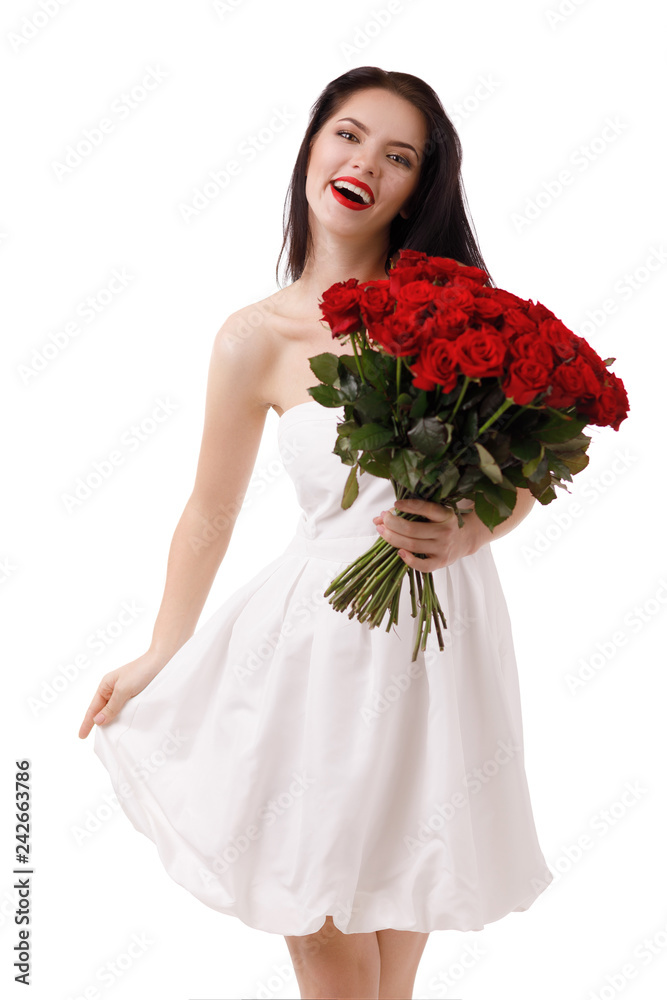 beautiful young woman with a large bouquet of red roses beautiful young woman with a large bouquet of red roses