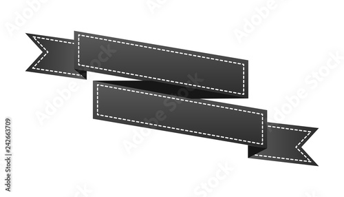 Embroidered black ribbon isolated on white. Can be used for banner, award, sale, icon, logo, label etc. Vector illustration