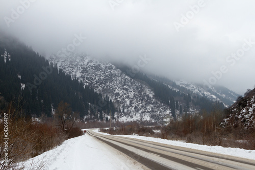 winter road to the big Almaty lake before the snowfall