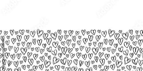 Hand Drawn Doodle Black and White Hearts Valentine's Day Vector Seamless Border. Line Drawing Background