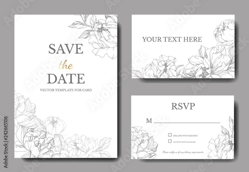 Vector Silver peony flower. Engraved ink art. Wedding background. Thank you, rsvp, invitation elegant card set.