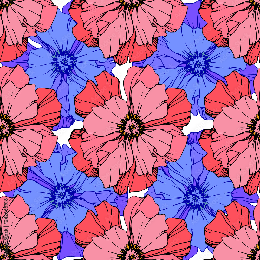Vector Pink and blue peony flower. Engraved ink art. Seamless background pattern. Fabric wallpaper print texture. Vector Pink and blue peony flower. Engraved ink art. Seamless background pattern. Fabric wallpaper print texture.