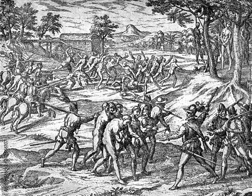 conquest of the Inca empire by Spanish conquistador Francisco Pizarro in XVI century: Spanish soldiers hang survivors after village destruction