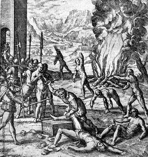 conquest of the Inca empire by Spanish conquistador Francisco Pizarro in XVI century: cruelty and abuse against aborigines, soldiers cut hands and feet