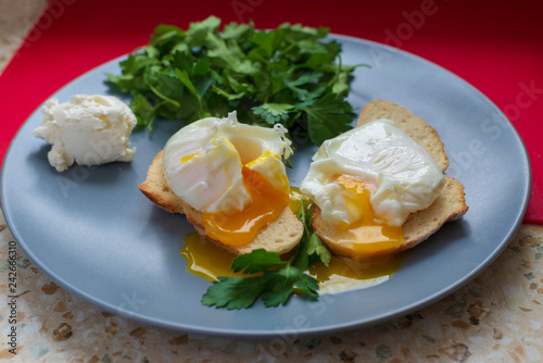 close-up, on a blue plate are two toasts on them poached eggs, liquid yolk, comes out of an egg, the dish is decorated with fresh green parsley leaves and a ball of moskarpone cheese