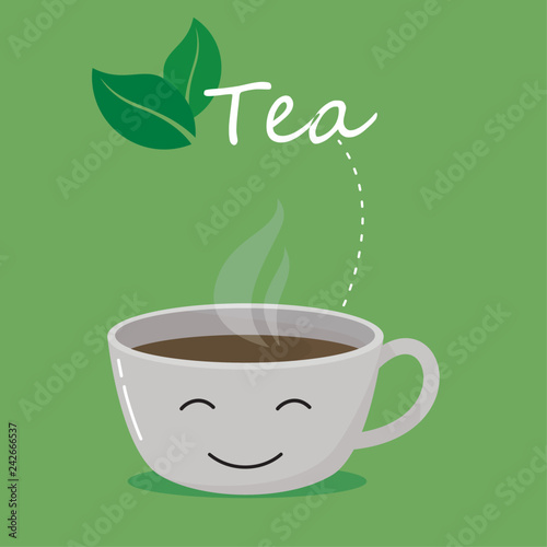 Cute character cup of tea on isolated green background