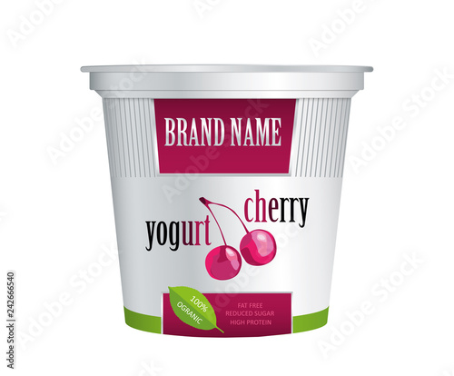 Packaging template yogurt with cherry. Vector isolated on white background. Plastic container for cherry yogurt and dessert.