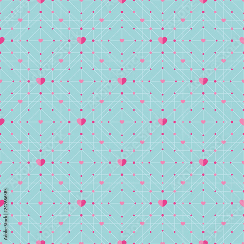 Seamless vector pattern of pink hearts and rhombuses on a turquoise background. Festive background for cards for Valentine's Day or wedding.